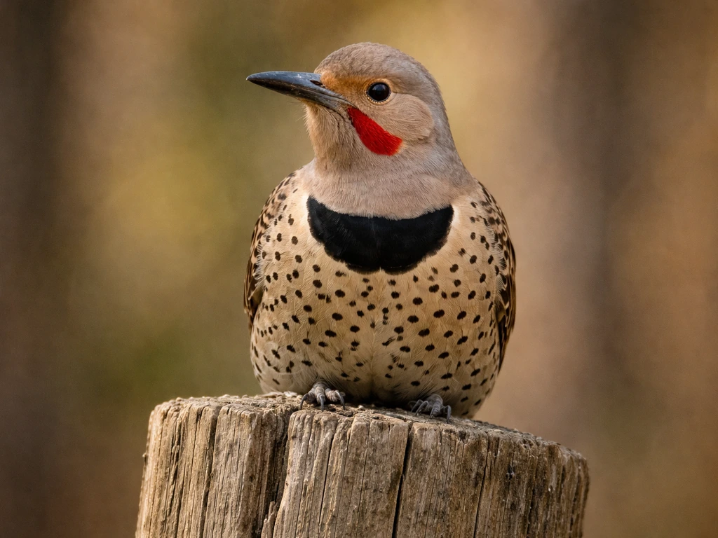 Northern Flicker perched on a wooden post in soft natural light, wood background softly blurred.