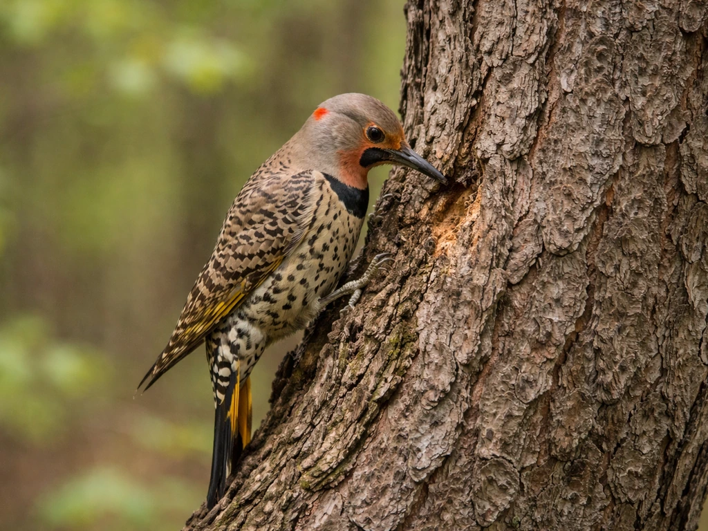 Northern Flicker woodpecker perched on a tree trunk, foraging with its beak near the bark.