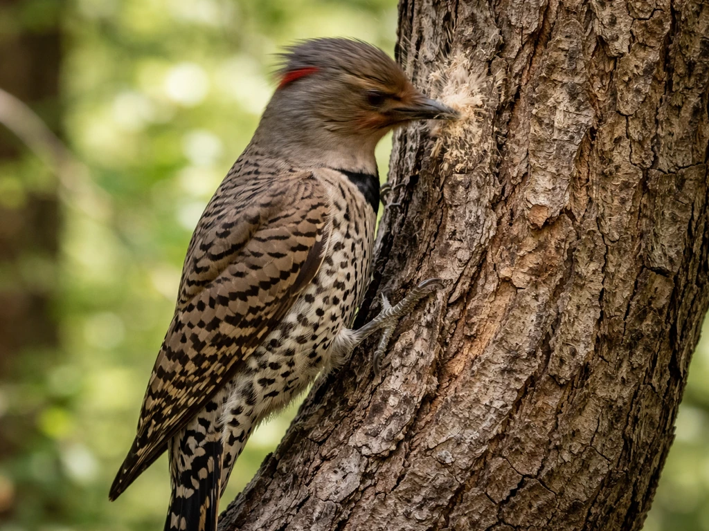 Northern Flicker drumming repeatedly on a tree trunk in a quiet forest, captured with motion blur.