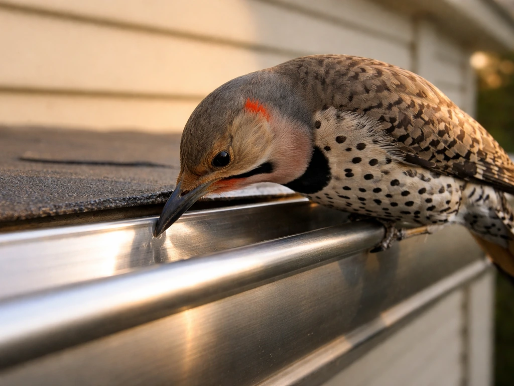 Northern flicker tapping on a metal gutter on a house exterior at dusk, crumbs of light and texture