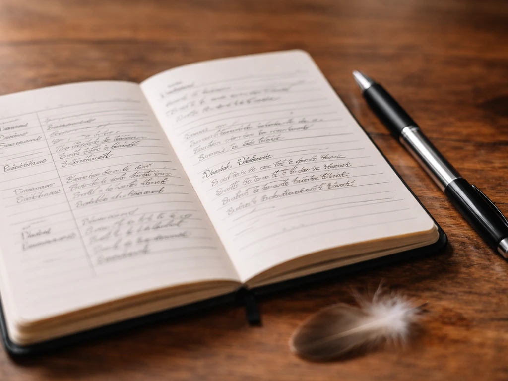 Open journal with a pen and a filled example checklist page on a wooden table.
