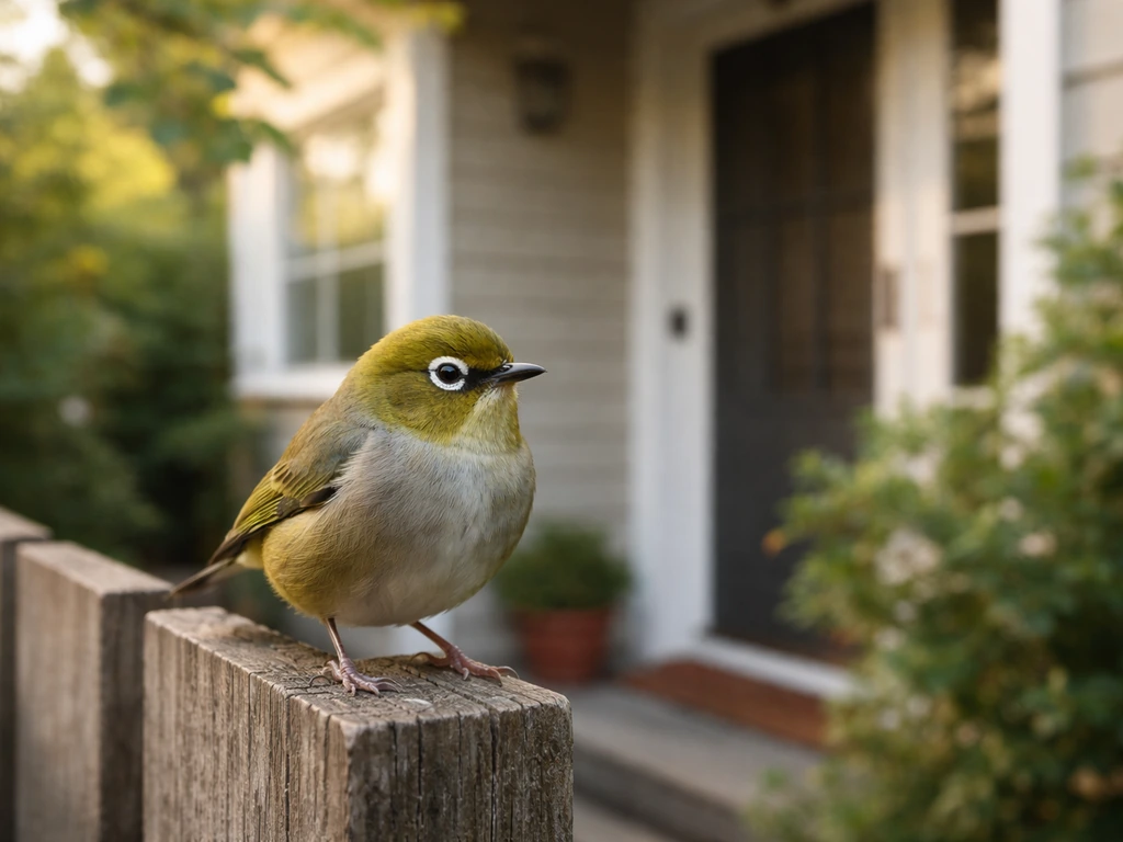 Wax-eye bird perched near a home fence with garden greenery and porch area softly blurred behind.