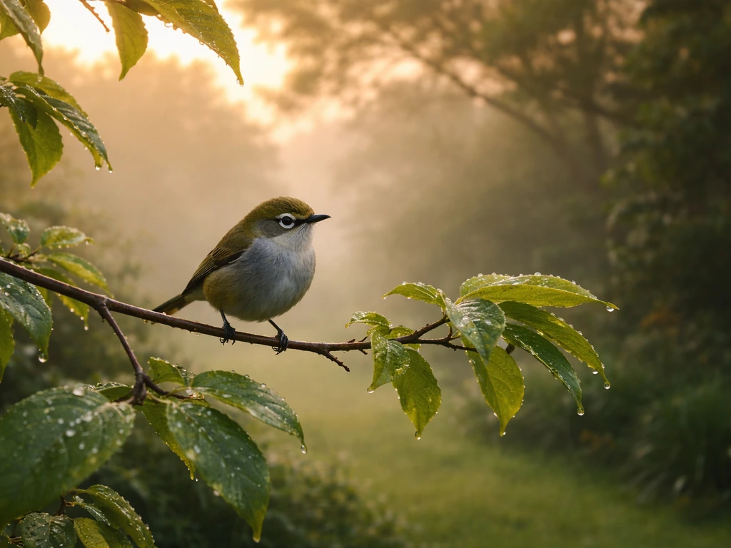 A small wax-eye bird perched in a calm morning garden with soft sunrise light