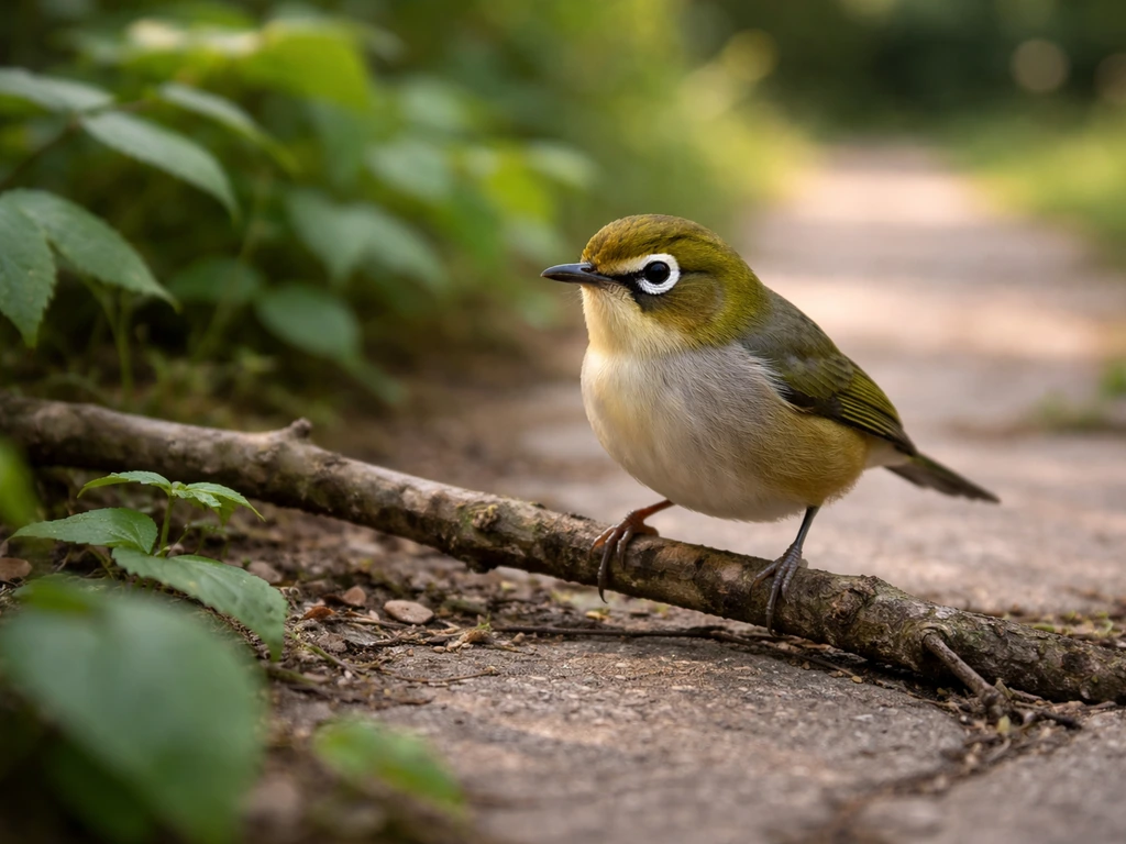 A small wax-eye lands on a low branch above a garden path, close to the ground.
