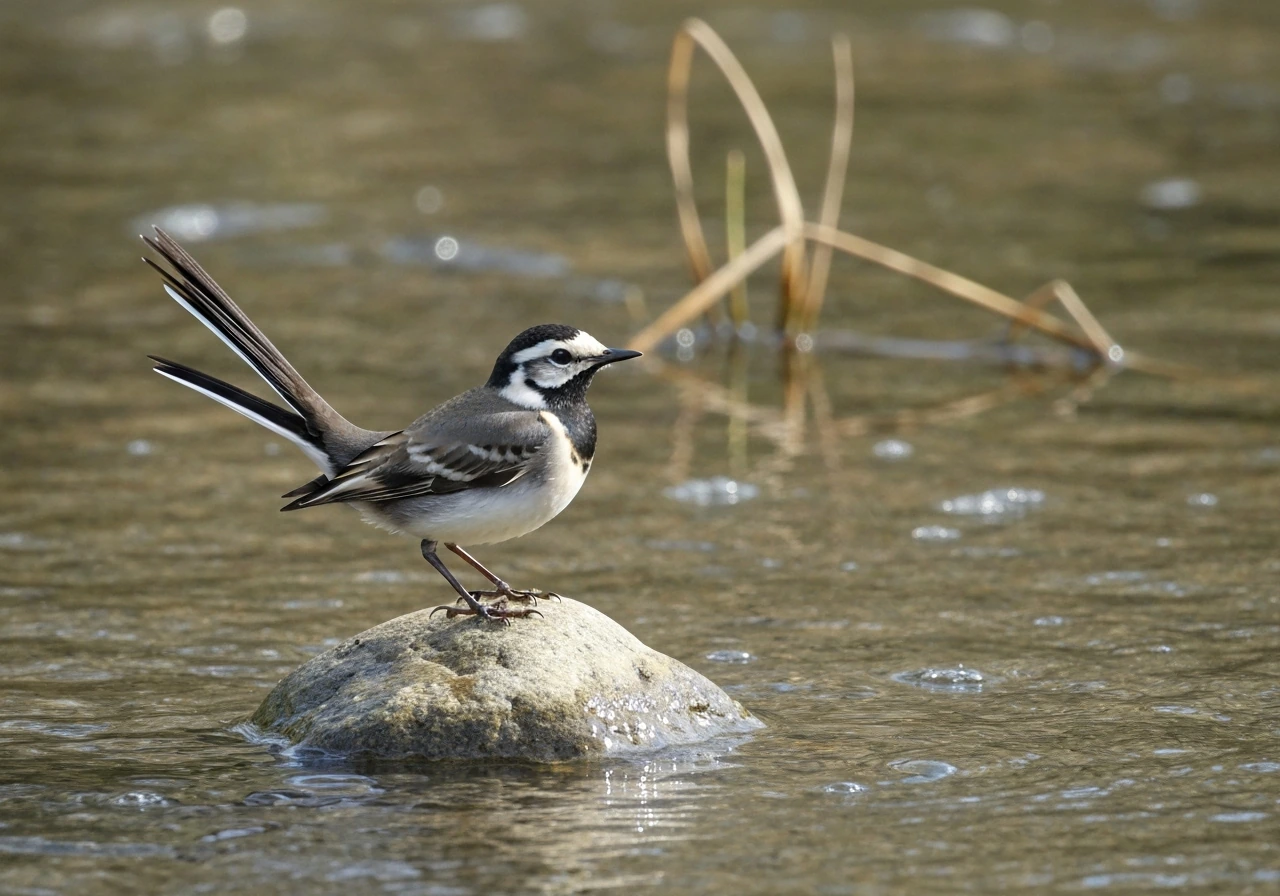 A wagtail bird perched by a stream, tail lifted as if wagging, with wet rocks and soft ripples.