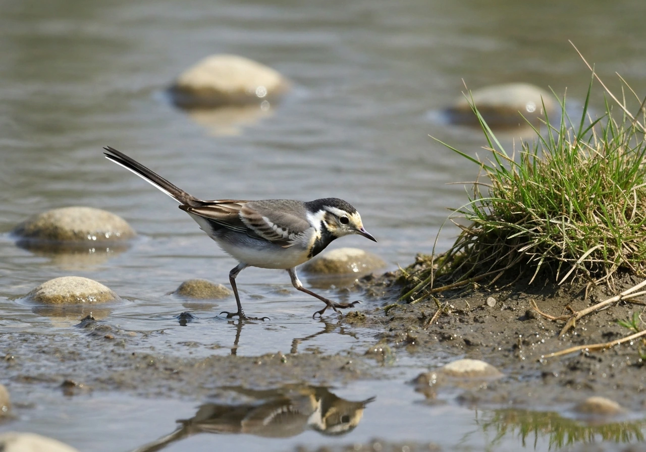 A wagtail foraging on wet ground near water, tail wagging as it moves actively.