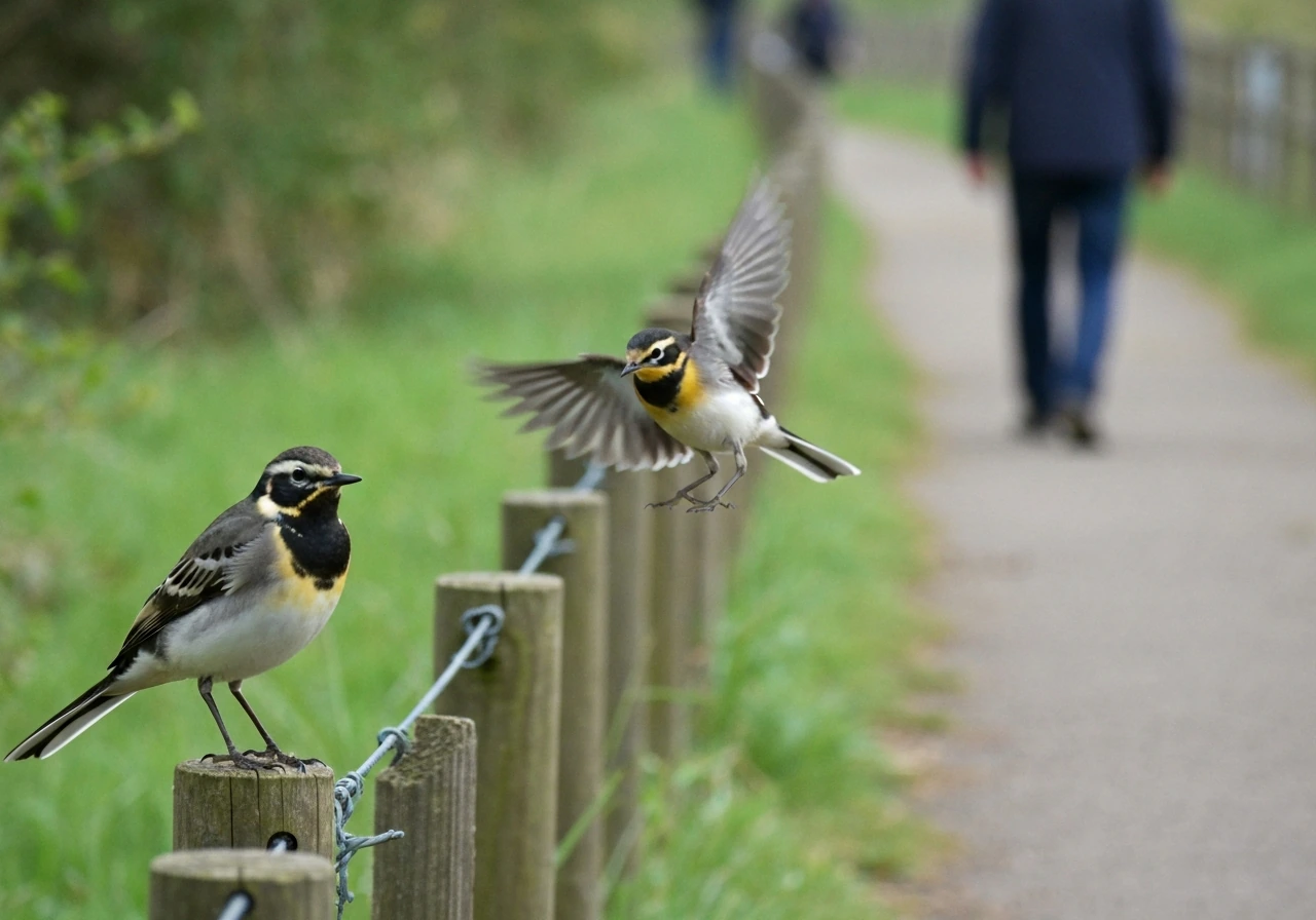 Two different wagtail behaviors: one lands near a person’s path, another perches nearby looking toward the viewer.