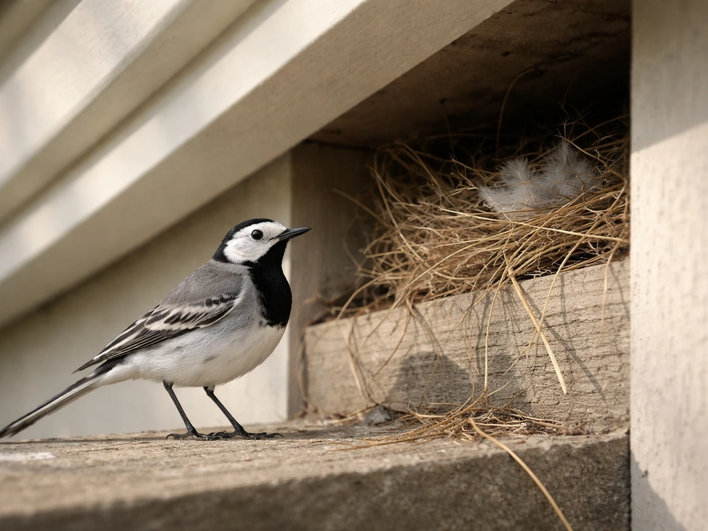A wagtail perched near a nest on a sheltered ledge outside a home