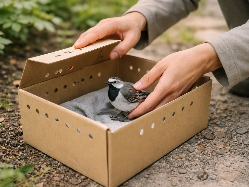 Person placing a found wagtail into a ventilated container outdoors for wildlife help