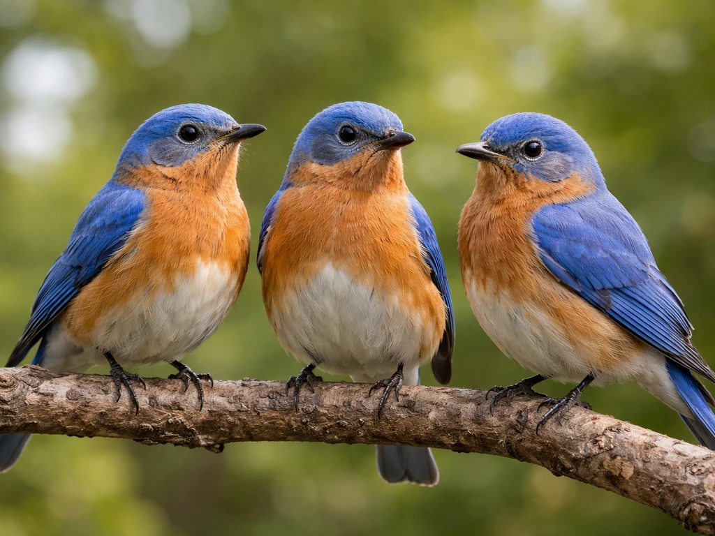 Three small bluebirds perched side-by-side on a branch, showing subtle differences in blue and orange coloring.