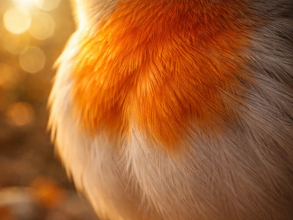 Close-up of an orange bird chest patch with warm, solar glow and fine feather texture