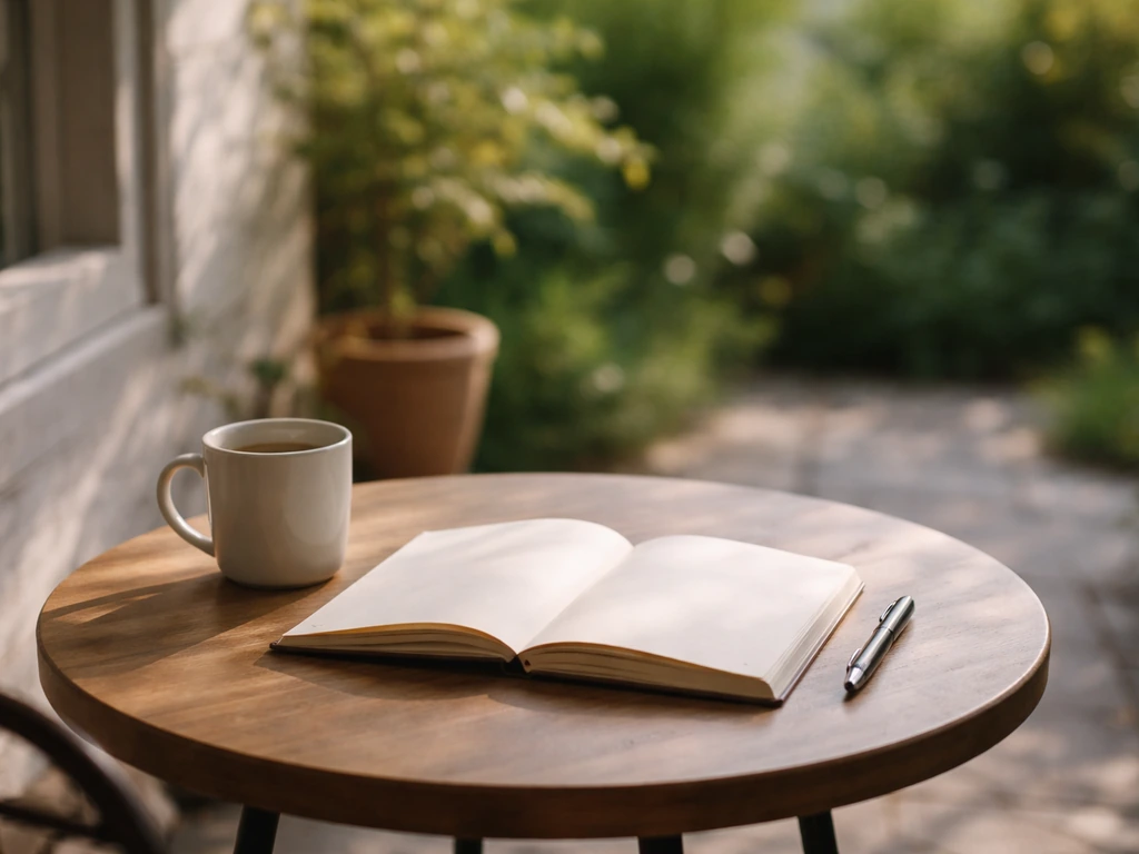 Open notebook and pen on a small outdoor table with a mug nearby in soft morning light.