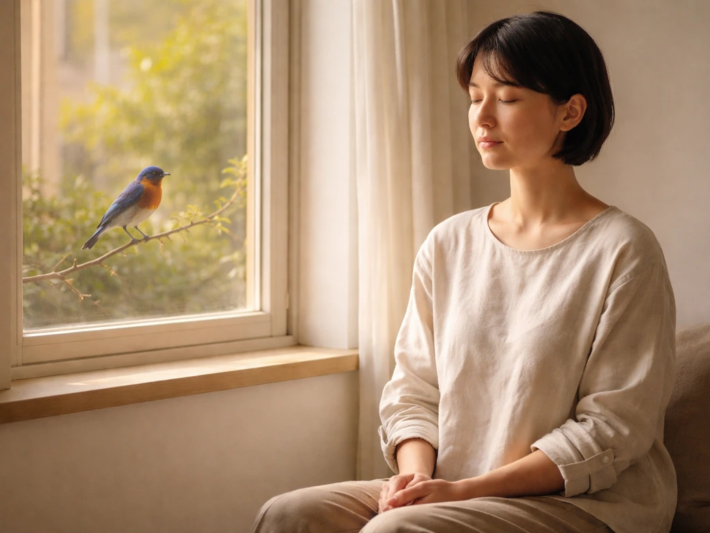 Quiet person indoors with eyes closed, viewing a blue-and-orange bird perched outside the window