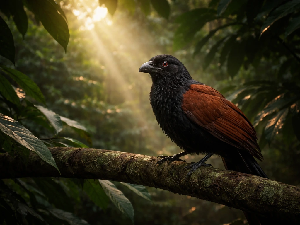 Coucal bird perched in dense green foliage at golden hour, misty light suggesting a meaningful encounter
