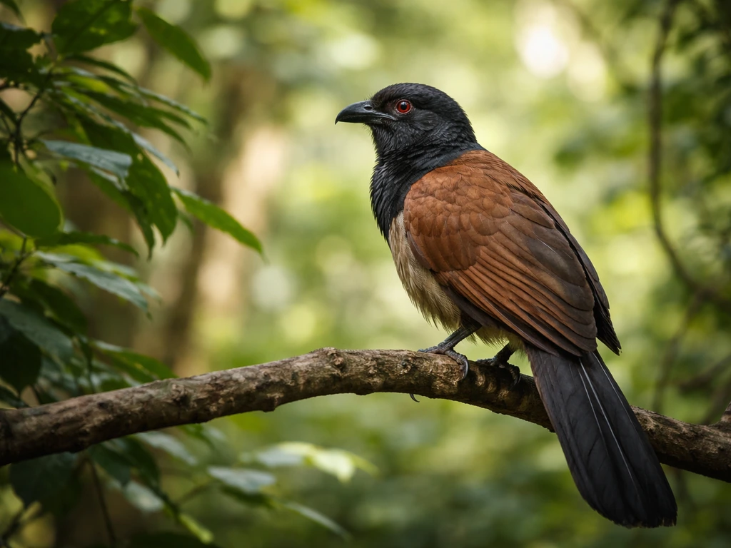 A coucal perched on a low branch in a tropical forest with dappled sunlight and blurred greenery.