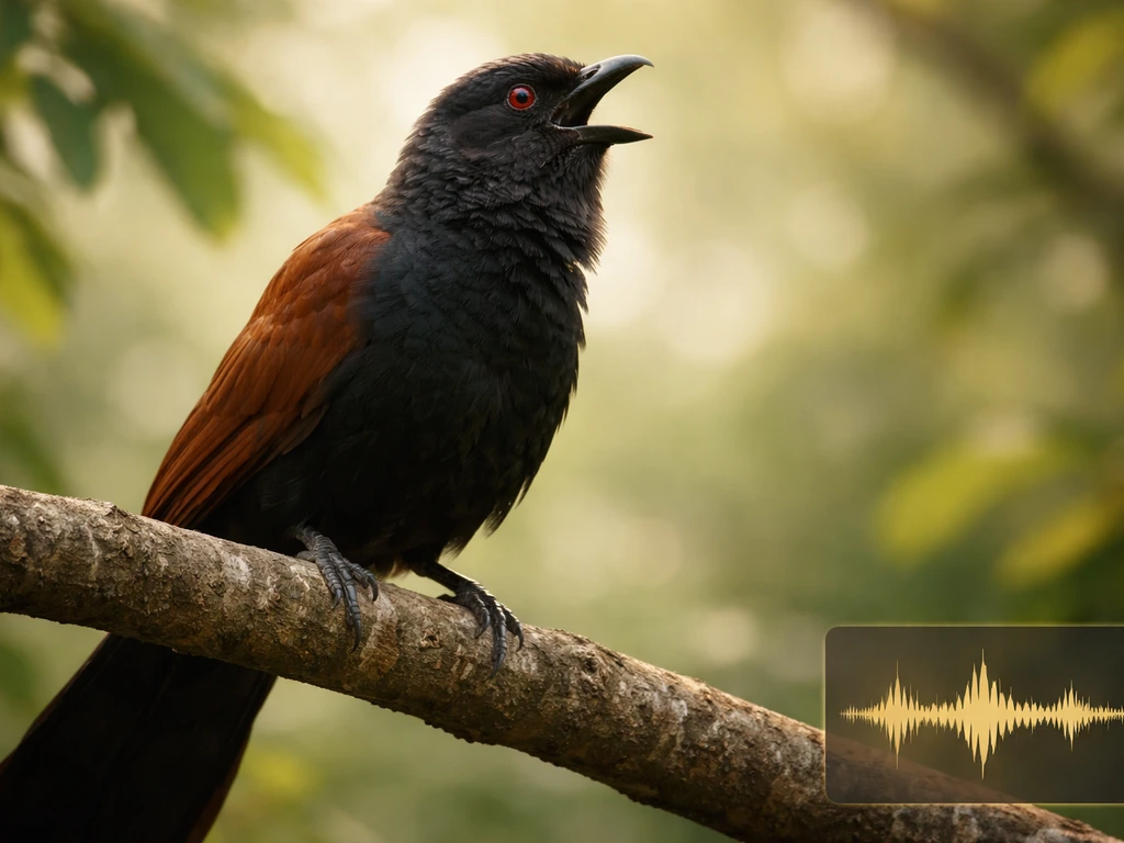 Coucal perched on a branch, mid-call, with blurred foliage background and a small sound-wave inset.