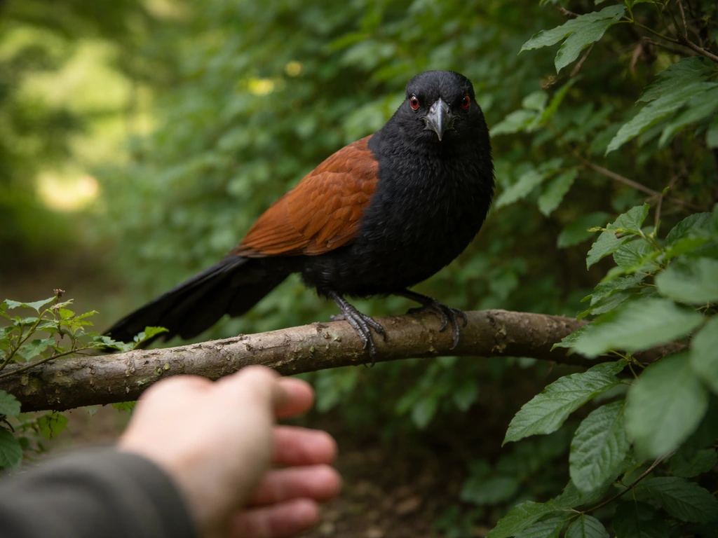 A coucal perched on a branch close to a human arm, bird eye-to-eye feel, lush greenery background.