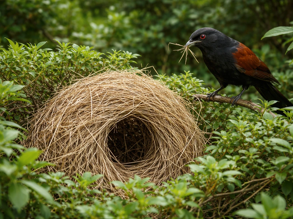 A coucal near a domed grass nest nestled in garden shrubs, partially hidden by leaves.