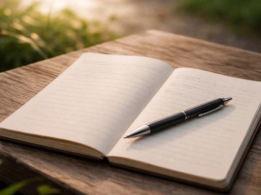 Close-up of an open notebook with handwritten journal prompts beside a pen in a quiet natural setting.