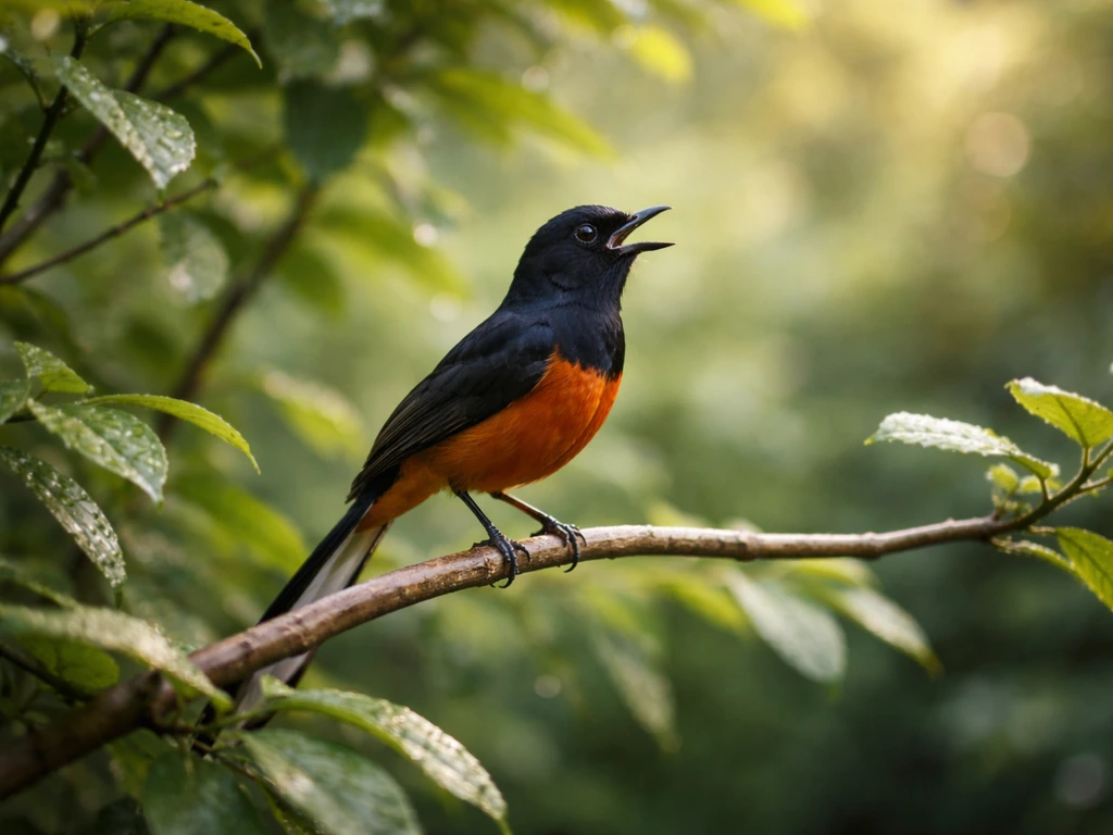 A shama bird perched in a lush garden, singing softly in warm natural light.