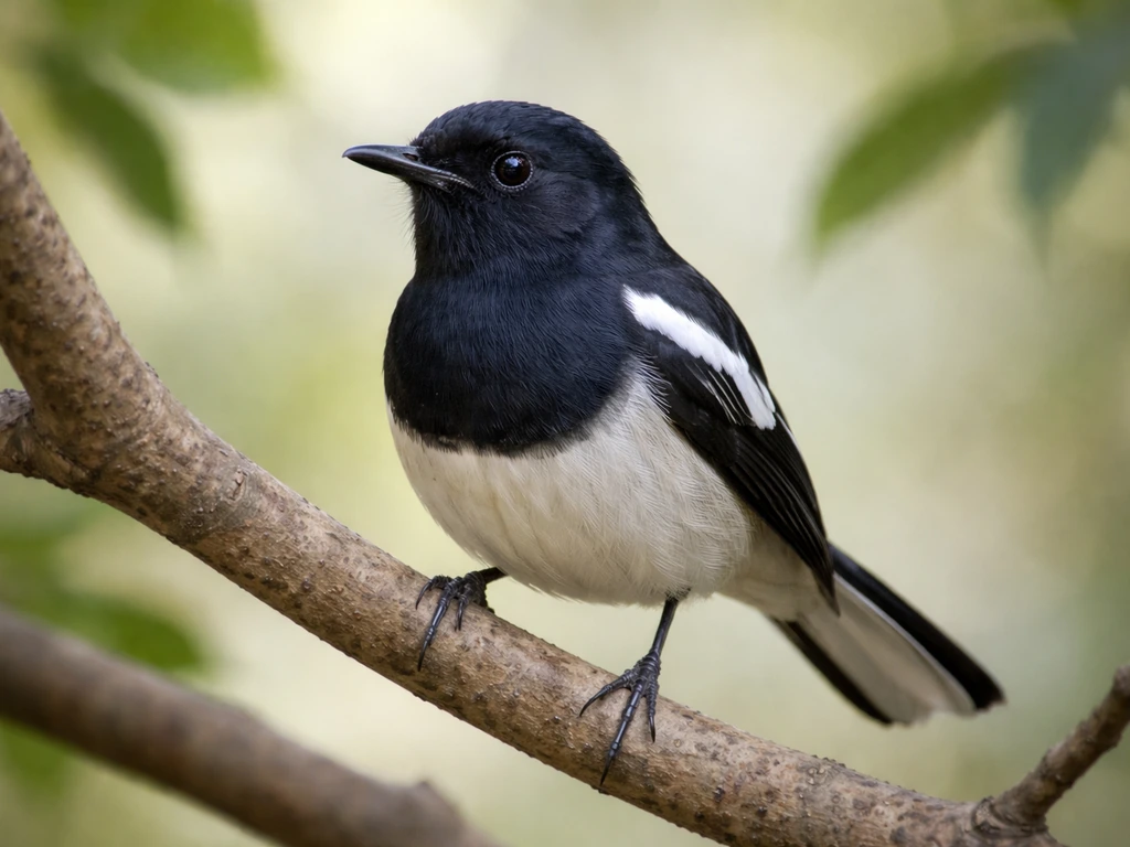 Close-up of an Oriental magpie-robin perched on a branch with blurred leaves for ID confirmation.
