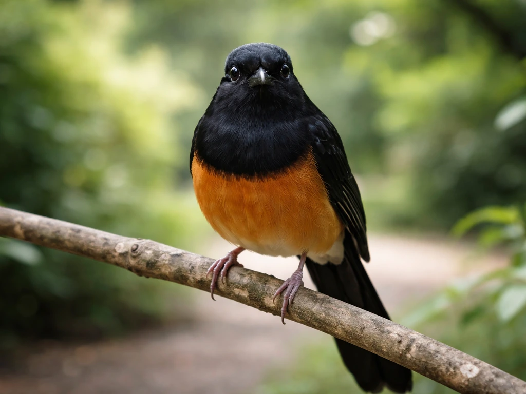 A shama bird paused on a branch, facing toward the viewer with a calm, direct gaze.