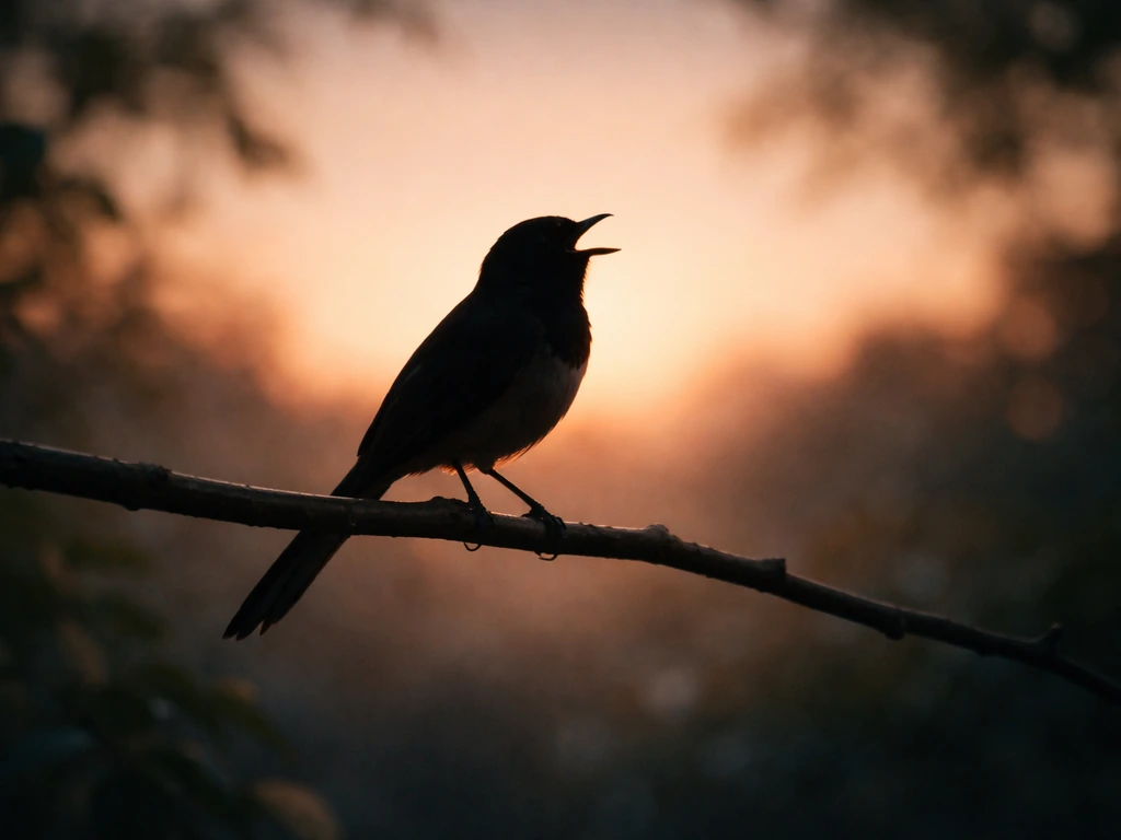 Silhouette shama bird perched on a branch at dusk with soft bokeh background suggesting morning song.