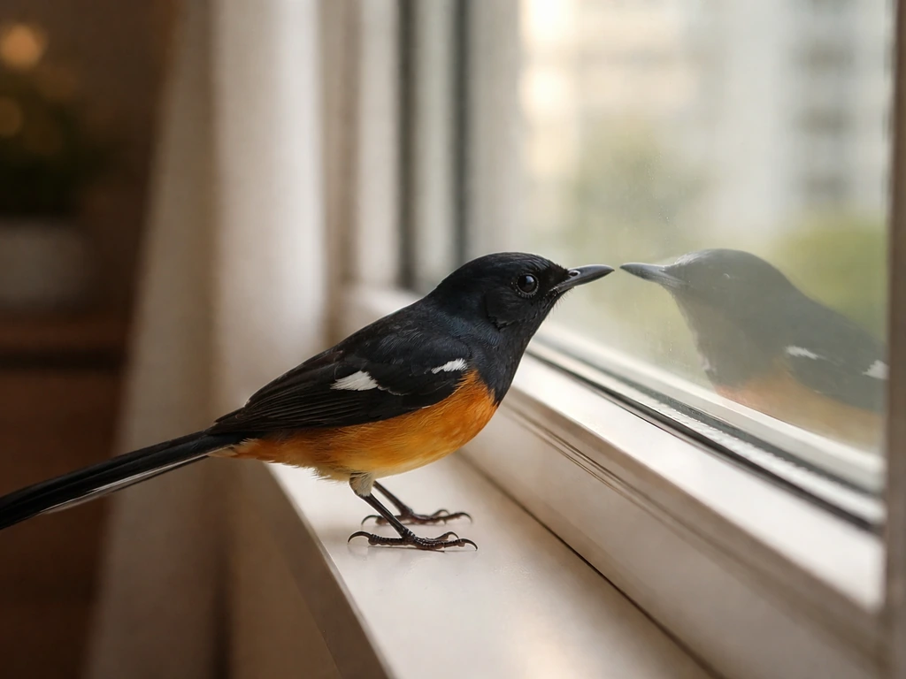 Small bird tapping a window with its reflection visible in the glass