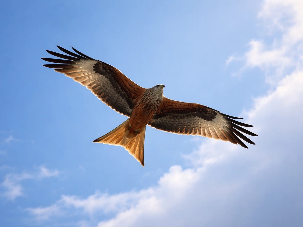 A red kite bird gliding in bright sky, forked tail silhouette sharply defined.