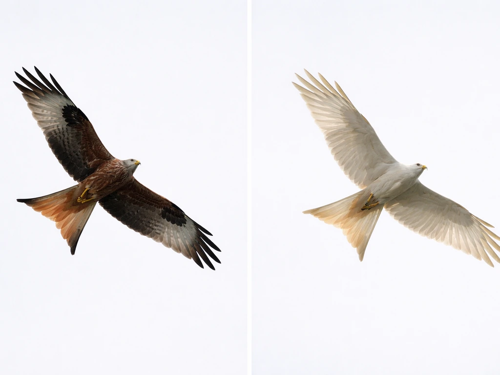 Two close-up views of a kite bird’s forked tail: red kite versus a pale leucistic-looking kite.