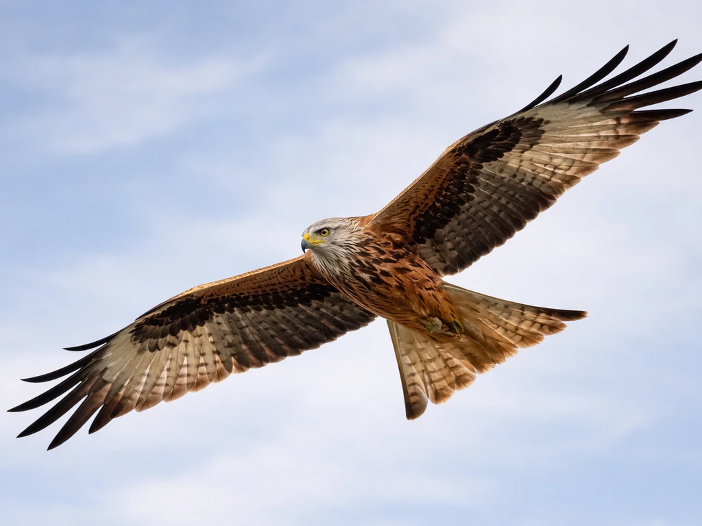 A red kite circles overhead in slow wide spirals against a blue sky, wings outstretched.