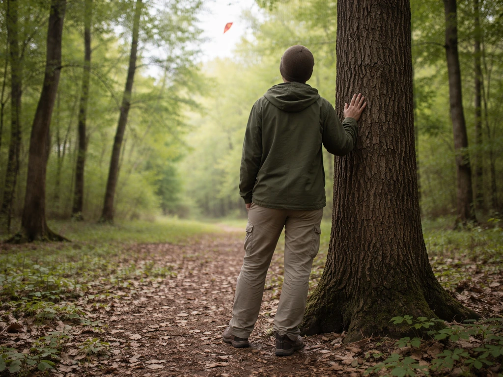 Person outdoors pausing with a hand on a tree trunk, looking up at the sky after a red kite encounter.