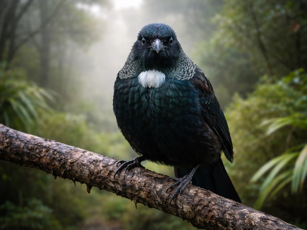 Tūī bird perched on a branch in a misty native New Zealand forest, looking toward the camera