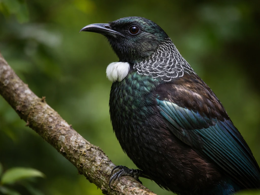 Close-up of a perched tūī with a black sheen and subtle throat markings in natural light.