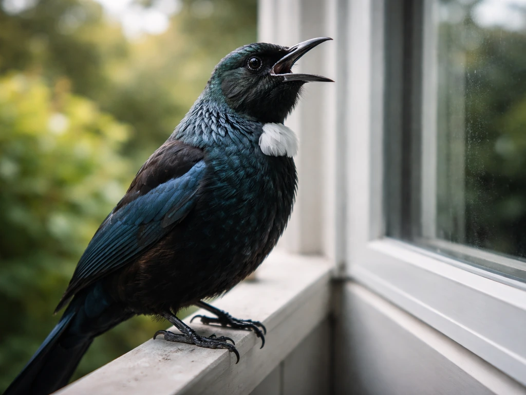 A small tui bird perched near a window, mouth open as if singing loudly, natural light.