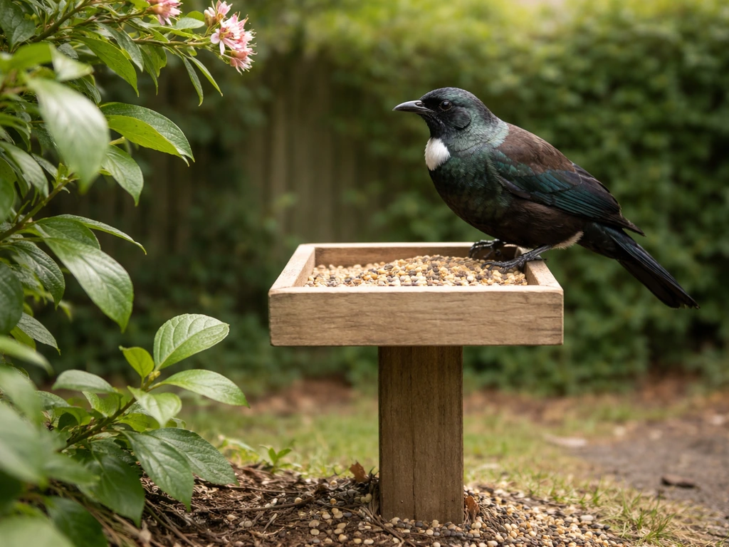 A tui perched at a backyard bird feeder with nearby flowering plants and scattered seed.