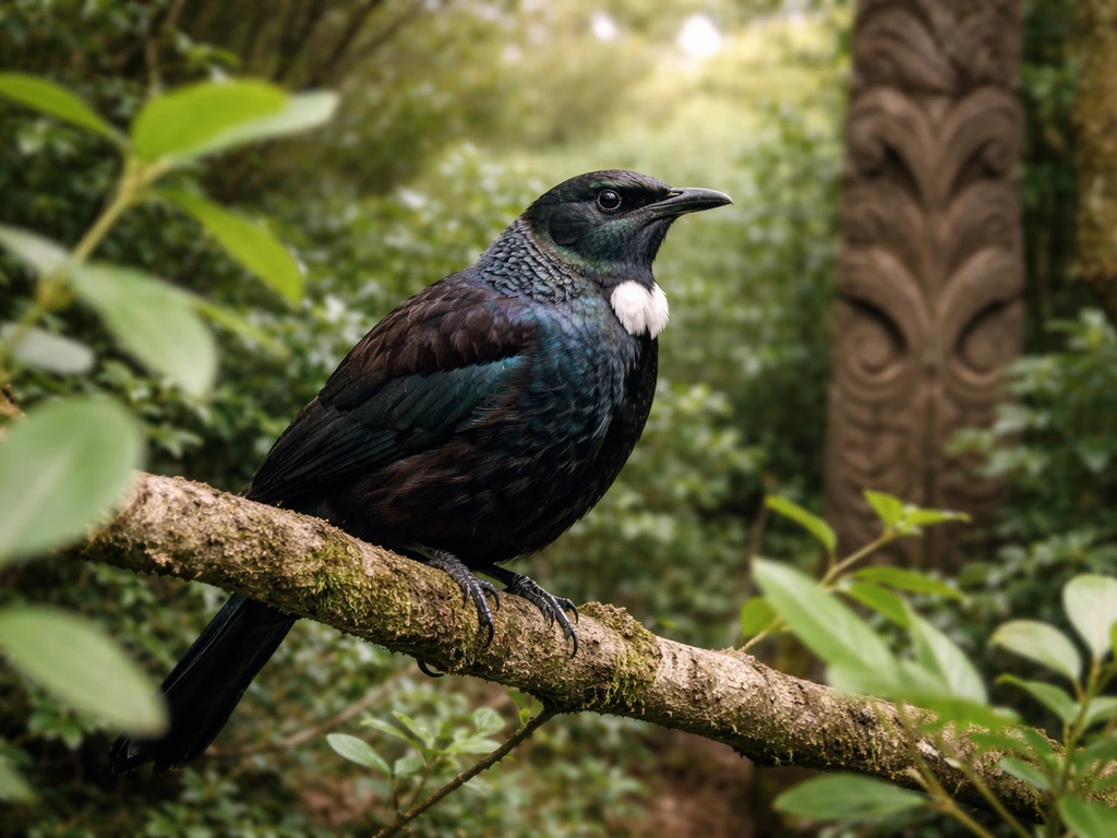 A tūī perched in native bush with a softly blurred traditional carving background.