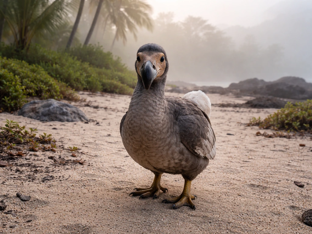 Calm dodo bird standing on sandy island ground with sparse tropical greenery in soft morning light.