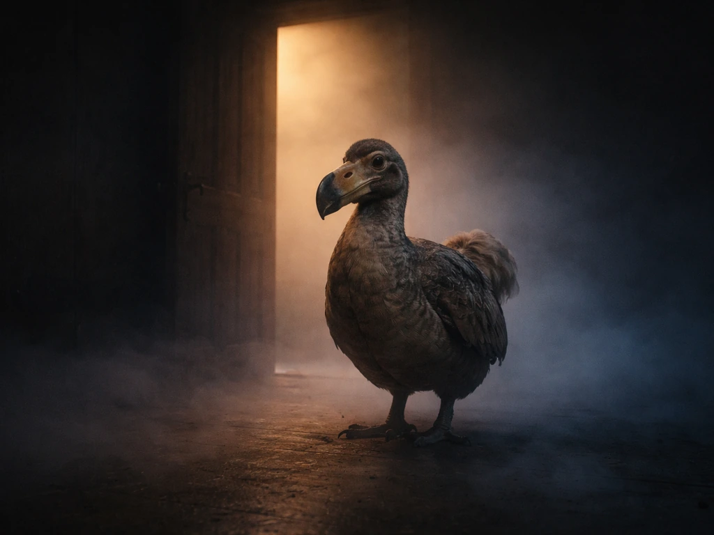Peaceful dodo in foggy night room, a door opening to a warm light glow.