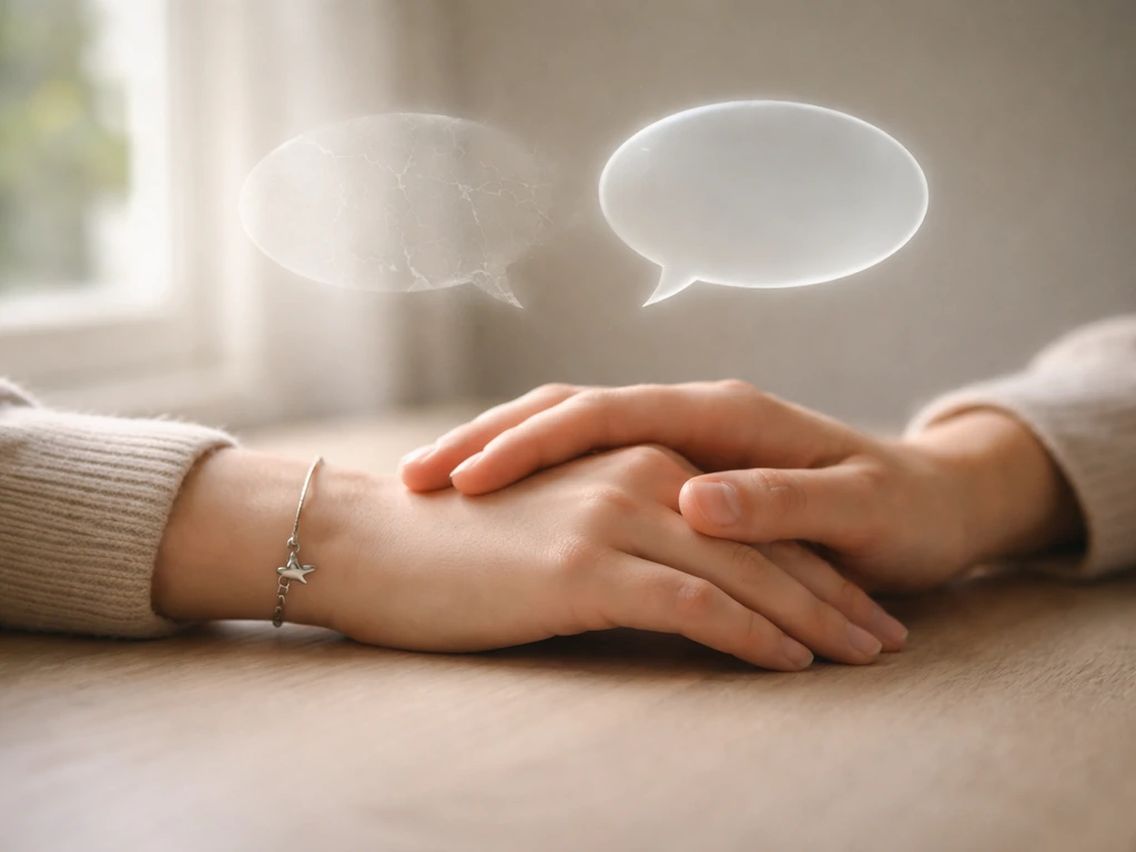 Two hands with implied speech bubbles transforming from unclear to honest, with a small dodo charm motif.