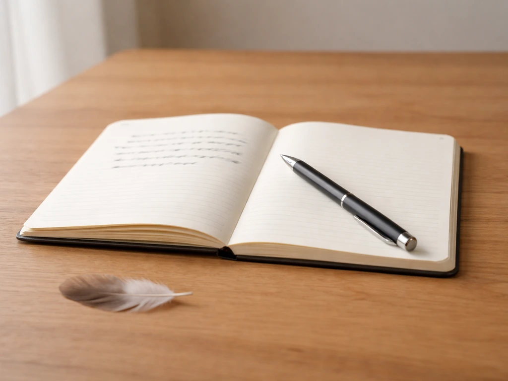 Open notebook with handwritten journaling, pen ready, and a small dodo-feather grounding token on the desk.