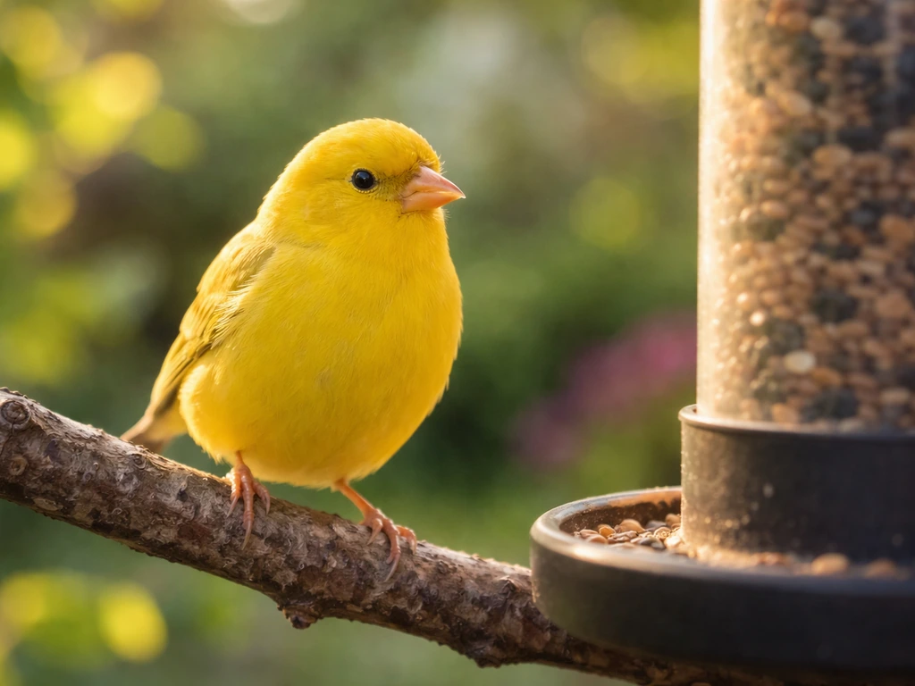 Vivid yellow finch perched on a branch near a backyard feeder, softly lit with warm natural light.
