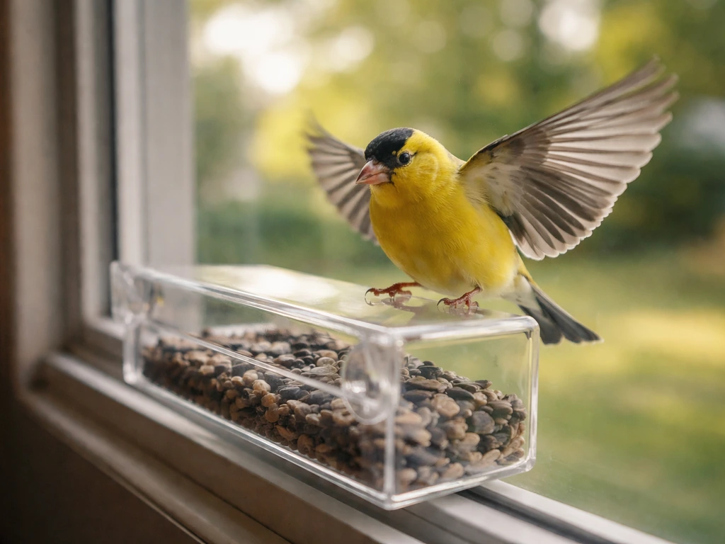 A yellow finch lands on a window feeder, softly lit in a quiet, introspective moment.