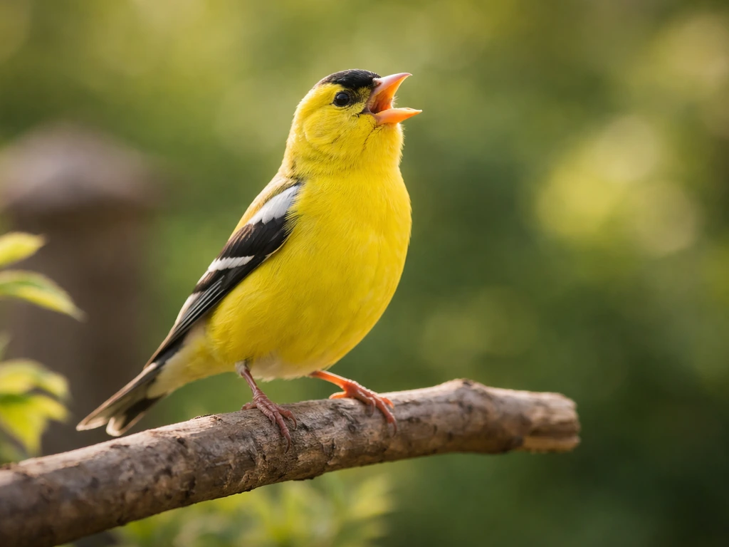 A bright yellow finch perched on a branch with its beak open, as if singing, against soft greenery bokeh.
