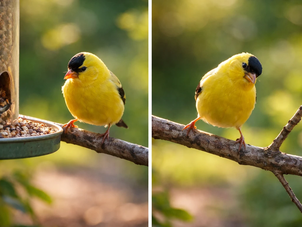 A yellow finch hops on a branch and tilts its head between a nearby feeder and another perch.