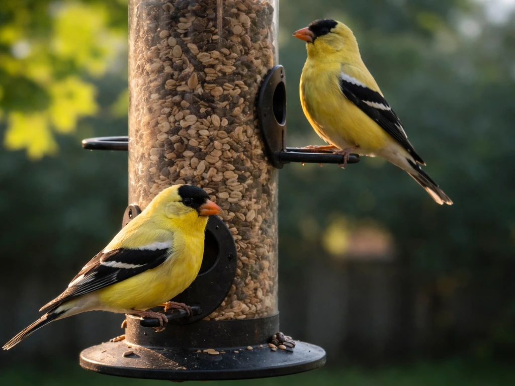 Two yellow finches perched on a backyard feeder in soft morning light, simple natural background.