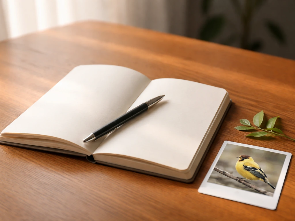 Open journal beside a pen with a small yellow finch photo and a sprig of leaf on a wooden table.
