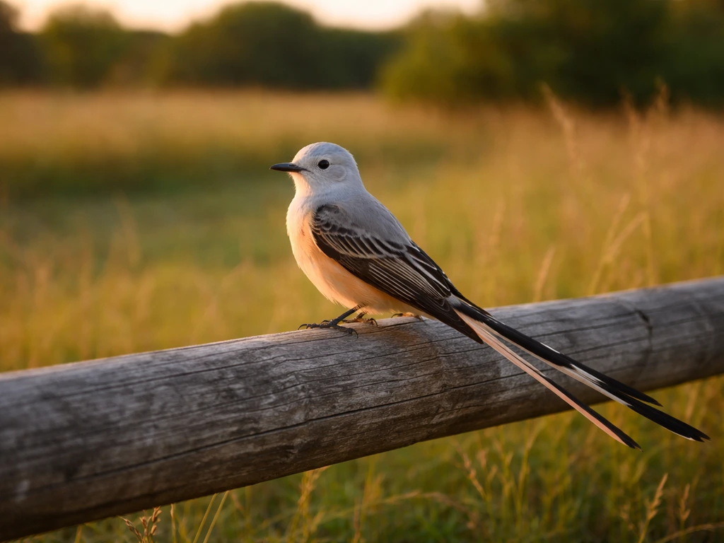 Golden-hour scissor-tailed flycatcher perched on a fence rail, long forked tail catching warm light.