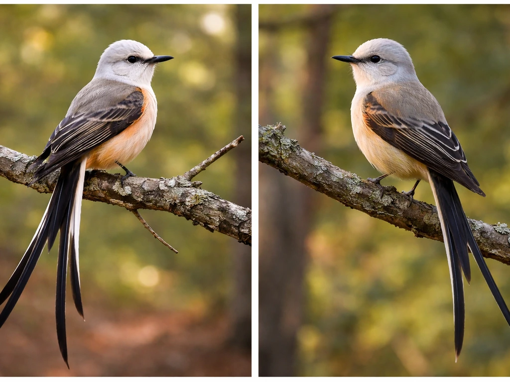 Two perched birds side-by-side showing scissor-tailed flycatcher vs a lookalike “scissor tail” bird.