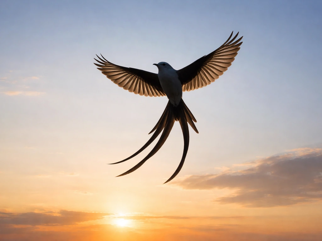 Silhouette of a scissor-tailed flycatcher soaring upward against a bright sky